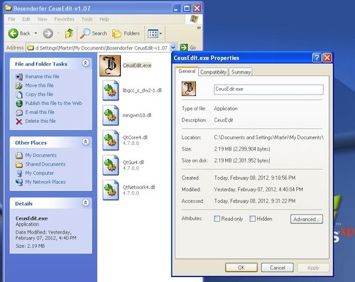 CEUSEdit v1.07 properties on Windows XP screen