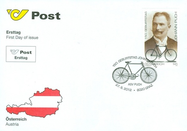 Austrian postage stamp commemorating Puch's 150th birthday on First Day Of Release postcard