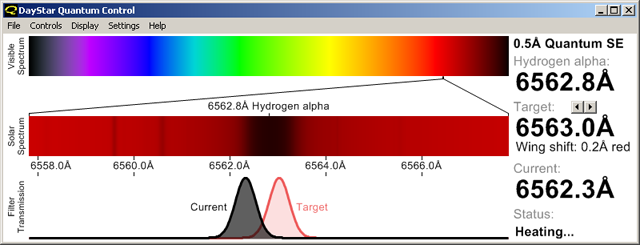 DayStar Quantum Control software showing Quantum Hydrogen Alpha filter coming up to temperature (55,879 bytes)