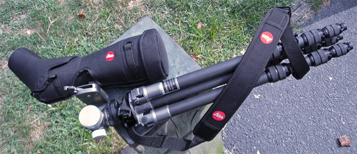 Carrying a Leica Apo-TELEVID 82 telescope in Ever Ready Case by Tripod (185,609 bytes)