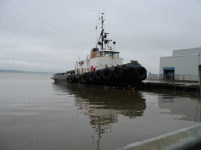 Tugboat at Hantsport Wharf near high tide (33,788 bytes)