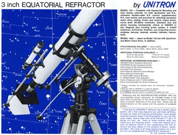 Unitron Model 142 - 3 inch Equatorial telescope from 1972 Catalog (54,097 bytes)