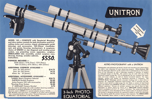 Unitron Model 142 - 3 inch Equatorial telescope from 1972 Catalog (54,097 bytes)