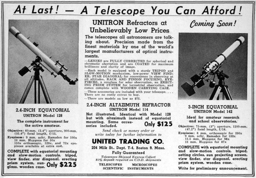 April 1952 announcement in <i>Sky and Telescope</i> Unitron introducing the Model 142 (98,669 bytes)