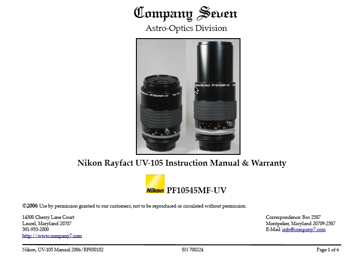 The Nikon UV-105 2006 model manual is available to Company Seven clients only, upon request.