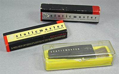 Three generations of early Staticmaster packaging, in Company Seven's collection (70,423 bytes)