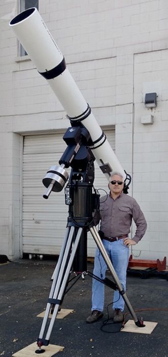 TEC APO250FL refracting telescope on a German Mount, with Yuri alongside (67,082 bytes)