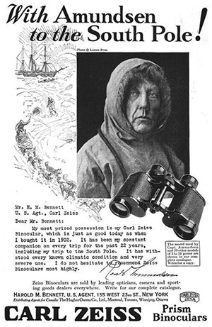 Amundsen testimonial advertisement for Carl Zeiss published in 1925